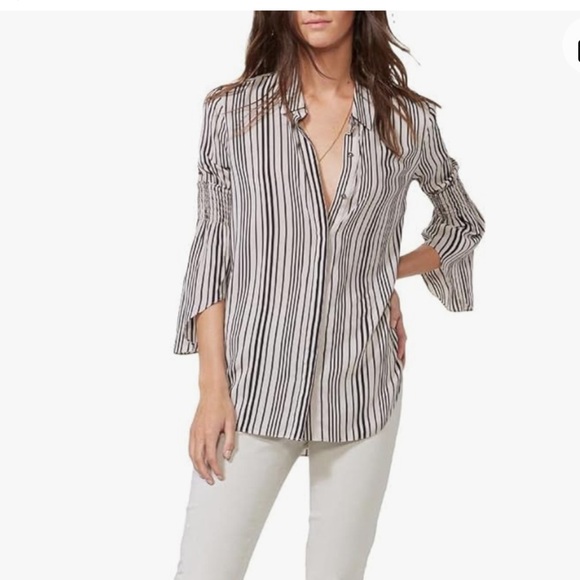 Halston Heritage Smocked Detail Bell Sleeve Striped Button Up Blouse Top XS - Picture 3 of 14
